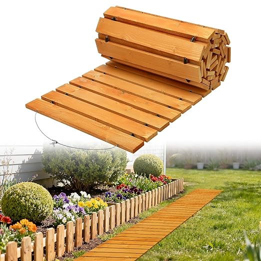 8.2ft Wooden Garden Pathway - Weather Resistant Carbonized Pine Roll Out Decorative Walkway, Boardwalk Pathway Pavers for Outside Stepping Stones Outdoor Flooring Patio Pool Backyard (Orange)