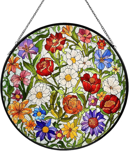 Flower Stained Glass Window Hanging, Suncatcher Diamond Glass Panel Hangings, Wildflower Colorful Sun Catchers Indoor Windows Wall Art, Gift for Mom Grandma, Christmas Decor for Home Office7.87 inches