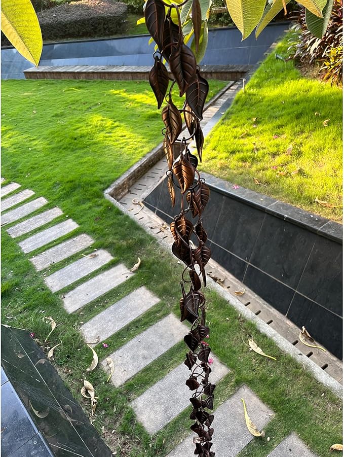 8.5 FT Rain Chain, Leaves Rain Chains for Gutters and Downspouts, Decorative Rain Chains for Outside, Metal Rain Catcher Gutter Chain Downspout, Decorate Your House and Garden, Antique Copper