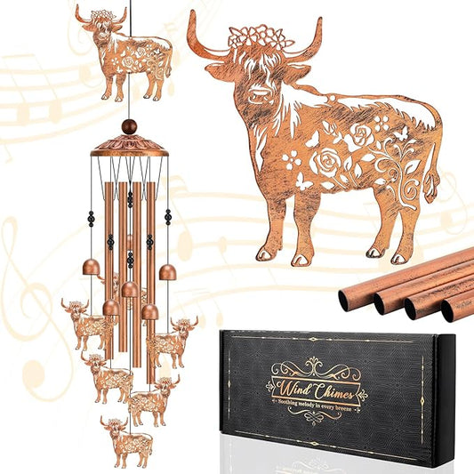 Highland Cow Wind Chimes for Outside Metal Windchimes Highland Cow Gifts for Women Men Garden Decor for Patio Yard Sympathy Memorial