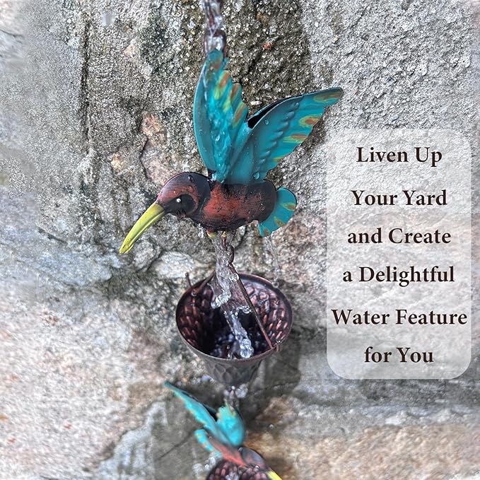 8.5FT Rain Chain, Hummingbird and Cup Rain Chains for Gutters and Downspouts, Metal Decorative Rainwater Catcher Chain, Antique Copper Rain Gutter Downspout Chains for Outside Garden