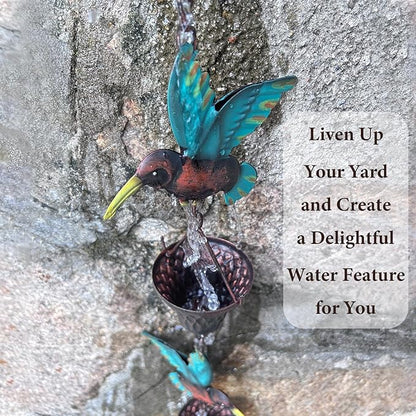 8.5FT Rain Chain, Hummingbird and Cup Rain Chains for Gutters and Downspouts, Metal Decorative Rainwater Catcher Chain, Antique Copper Rain Gutter Downspout Chains for Outside Garden
