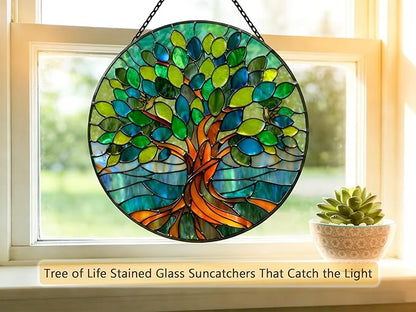 Stained Glass Window Hangings, Tree of Life with Hummingbird Suncatchers for Window, Treasured Gift for Mom, Grandma, Family and Friends (Green, 6.7x6.7 in)