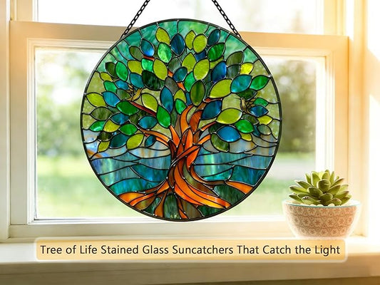 Stained Glass Window Hangings, Tree of Life with Hummingbird Suncatchers for Window, Treasured Gift for Mom, Grandma, Family and Friends (Green, 6.7x6.7 in)