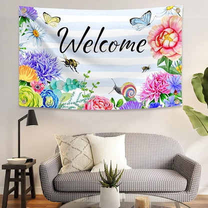 Welcome Spring Summer Flag 3x5 FT Flower Butterfly Bee Yard House Flags Season Banner Polyester Double Stitched with 4 Brass Grommets Flag for Outdoor Indoor Home Decor
