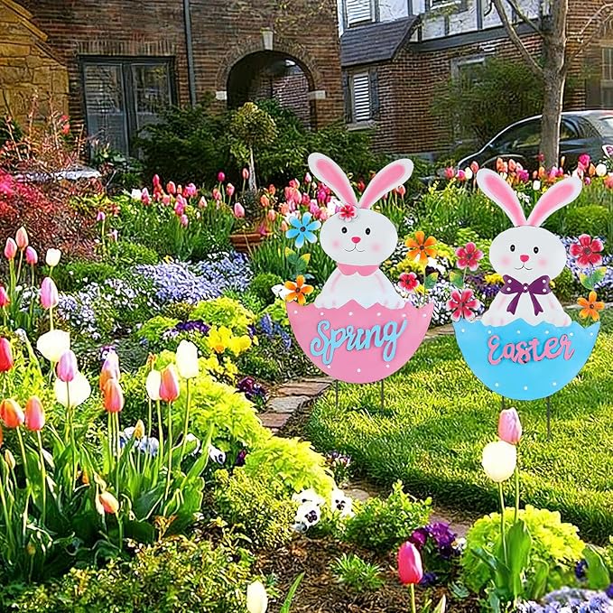 2 Pack Easter Rabbit Outdoor Decor - Spring Bunny Yard Signs with 3D Letters Metal Easter Bunny Lawn Stakes for Garden Pathway Easter Party Decor