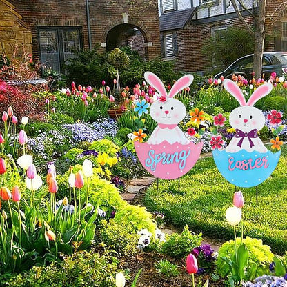 2 Pack Easter Rabbit Outdoor Decor - Spring Bunny Yard Signs with 3D Letters Metal Easter Bunny Lawn Stakes for Garden Pathway Easter Party Decor