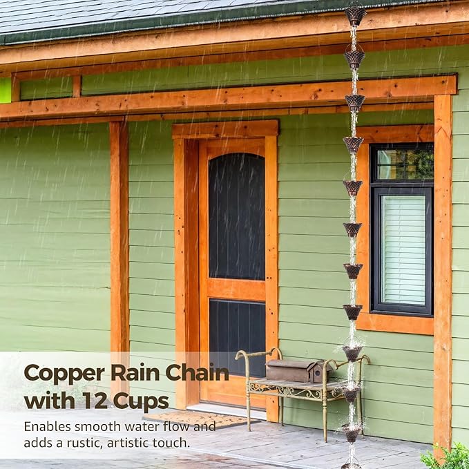 Outdoor Copper Rain Chain with 12 Decorative Cups, 8.5 Ft Gutter Downspout Replacement, Weather-Resistant Garden Water Diverter, Rain Catcher
