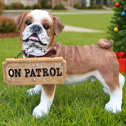 Brown Pug Patio Buddy with Solar Lantern and Reversible Sign, Standing Pug Sculpture for Terrace, Path Edges, Garden Bed & Doorway