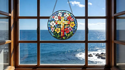 Funoasis Stained Glass Window Hanging 6.3 Inches Suncatcher - A Cross Surrounded by Flowers Ornaments Sun Catcher Home Decor Women Birthday