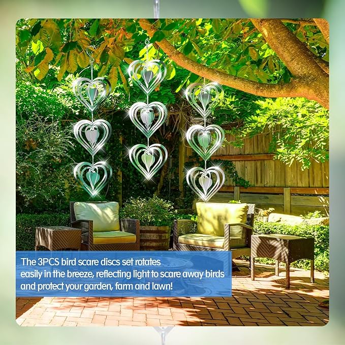 Stainless Steel Wind Spinner,3D Silver Indoor Outdoor Garden Decoration Crafts Ornaments,Metal Wind Chimes for Outside Decor,Decorations to Scare Away Yard Birds (Heart-Wind Sculpture)