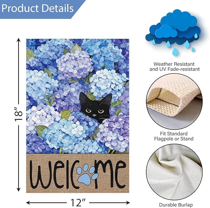 Louise Maelys Spring Summer Garden Flag Black Cat Hydrangea Flower Welcome Double Sided 12x18 Inch Floral Paw Print Seasonal Small Burlap Holiday Yard Outdoor Outside House Decor