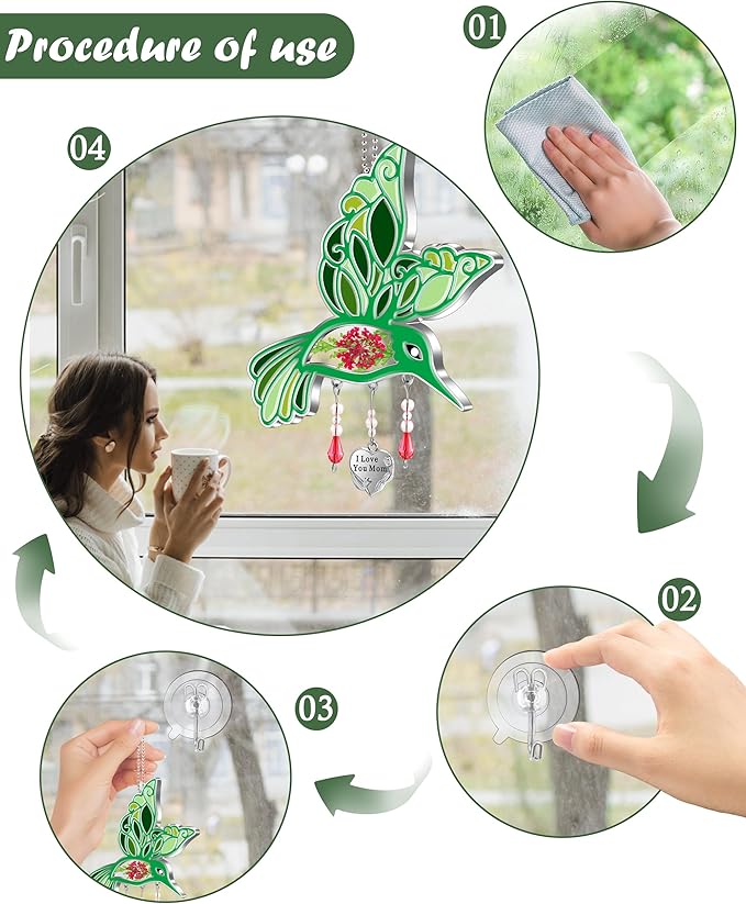 KY&BOSAM Hummingbird Suncatcher I Love You Mom Glass Sun Catches for Windows Hanings Ornament Wind Chimes with Pressed Real Flower and Heart Charm Birthday Gifts for Mom Mothers Day Christmas