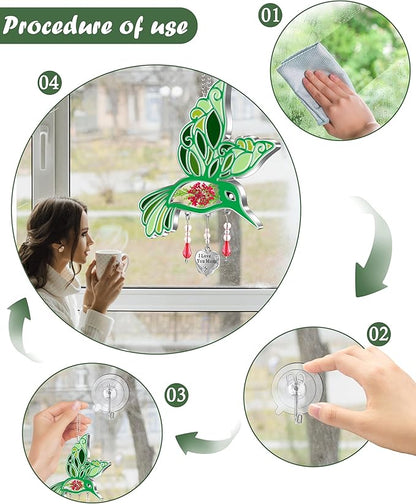 KY&BOSAM Hummingbird Suncatcher I Love You Mom Glass Sun Catches for Windows Hanings Ornament Wind Chimes with Pressed Real Flower and Heart Charm Birthday Gifts for Mom Mothers Day Christmas