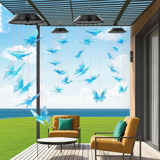 WENANA Blue Butterfly Solar Wind Chimes Color Changing Lights Outdoor, Best Gifts for Mom Grandma Women Wife Aunt Daughter Sister, Unique Mobile Wind Chime, Gardening Yard Decorations