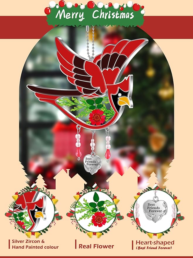 KY&BOSAM Best Friend Forever Cardinal Suncatcher Hand Painted Stained Glass for Windows Hanging Ornament Wind Chime with Pressed Flower and Heart Charm Gifts for Friend Mothers Day Birthday Christmas