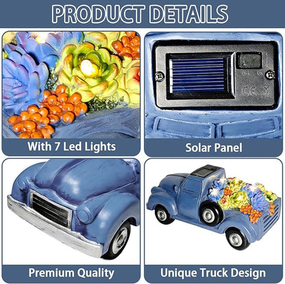 Solar Garden Decor Outdoor Statues Truck with Succulent and 7 LED Lights, Yard Decor for Outside, Yard Art Gardening Gifts for Women Mom Grandma (Blue Truck)