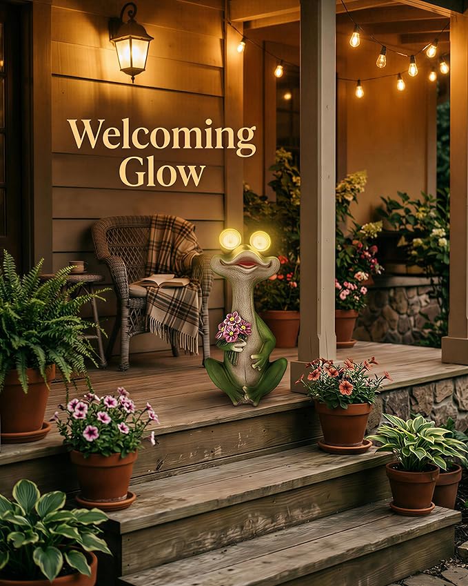 iStatue Solar Frog Garden Statue with Blinking Light-Up Eyes, Resin Outdoor Garden Decor Frog Holding Flowers, Waterproof Animal Figurine for Patio Lawn Yard Porch Balcony (Green)