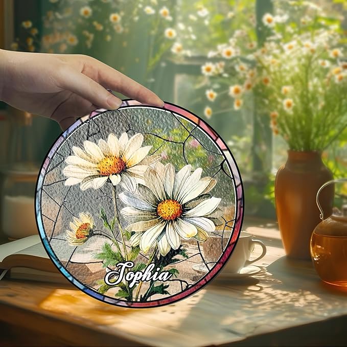NAZENTI Personalized Grandma Flower Garden Gifts for Mother's Day, Personalized Stained Glass Window Hanging Suncatcher with Kids Name, Birth Flower Memorial Gift