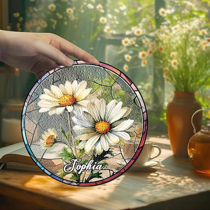 NAZENTI Personalized Grandma Flower Garden Gifts for Mother's Day, Personalized Stained Glass Window Hanging Suncatcher with Kids Name, Birth Flower Memorial Gift