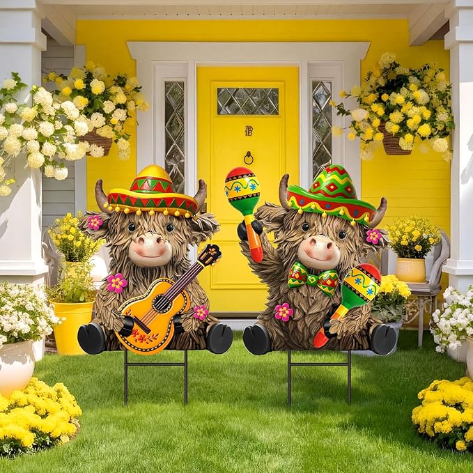 Amyhill 2 Pcs Mexican Fiesta Metal Outdoor Decor Cinco De Mayo Garden Stakes Highland Cow Welcome Yard Signs Decorations Garden Stakes for Mexican Western Cowboy Patio Lawn Walkway Outside Decor