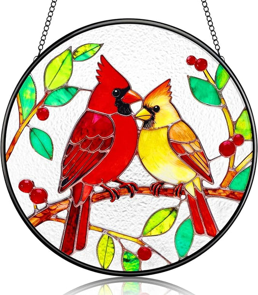 LITIVY Stained Glass Window Hanging – Cardinal Birds on A Branch Suncatcher – Mother’s Day Memorial Gift, 8 Inch Rainbow Maker & Sun Catcher Decor for Windows, Whimsical Gifts for Women