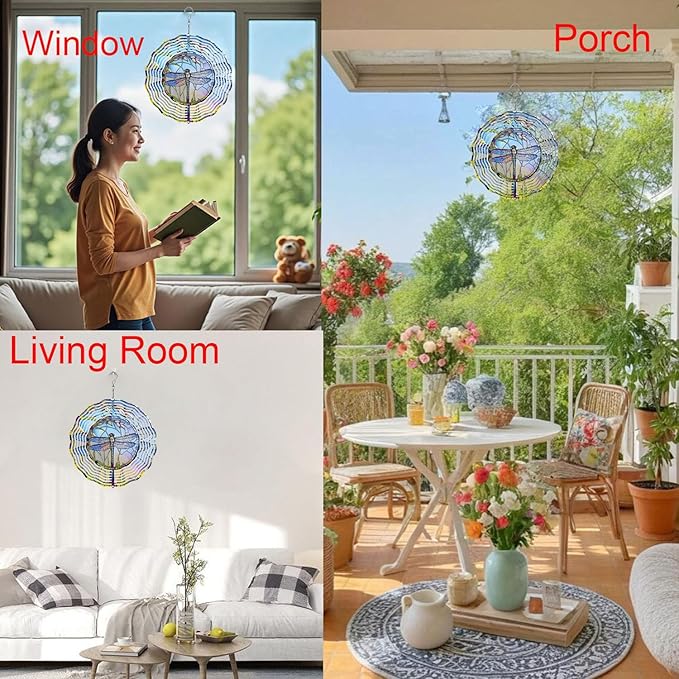 Dragonfly Metal Wind Spinners Outdoor, 3D Hanging Garden Decor for Women Mom Grandma, 25cm/ 9.84in 3D Wind Spinners for Garden Decor for Patio,Yard,Outdoor