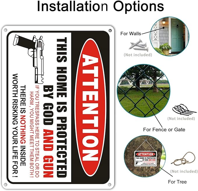 Showbellia 2 Pack Gun Signs This Home is Protected By GOD and Rust Free Aluminum, Weather/Fade Resistant, Easy Mounting, Indoor/Outdoor Use Metal Gun Sign (10"x 7") inches