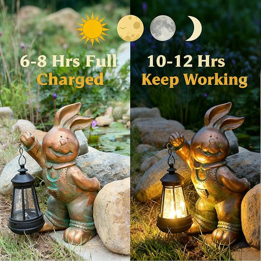 Solar Rabbit Garden Statue with LED Lantern - Outdoor Resin Animal Sculpture, Solar-Powered Waterproof Lawn Decor for Patio, Yard, Porch, Charming Easter Decor for Home & Garden (Bronze)