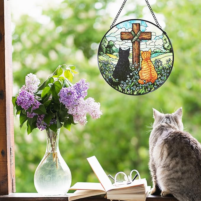 Cat Cross Stained Glass Window Hanging Suncatcher Gifts for Women, Christian Forget Me Not Sun Catcher Indoor Window Decor, Rustic Cats Painted Glass Wall Hanging Decorations 7.8x7.8 in