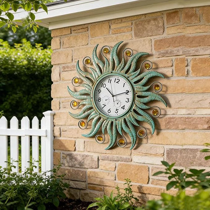 COOZZUHOUR 25 Inch Metal Sun Outdoor Shaped-Clock with Thermometer and Hygrometer Combo, Battery-Powered 10-inch Waterproof Dial and Silent Quartz Movement for Home Decorative Gifts(Cyan)