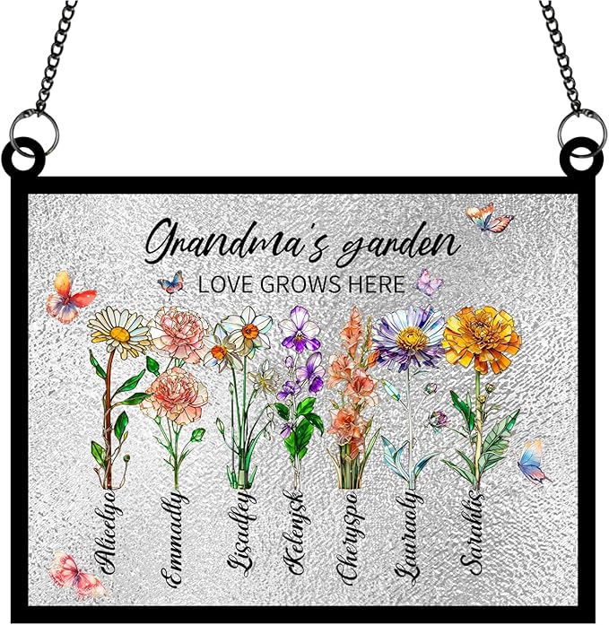 Personalized Grandmas Garden Stained Glass Suncatchers, Custom Name Birth Month Flowers Window Hanging Ornament, Mothers Day Christmas Birthday Gifts for Grandma Mom Nana Mimi (Rectangle 1)