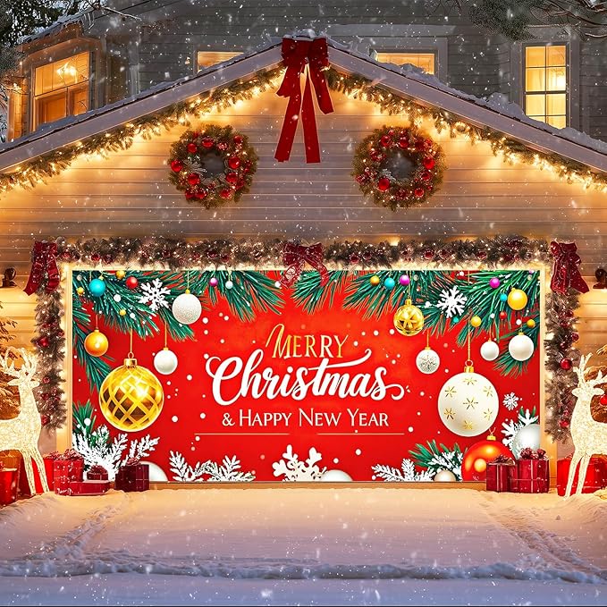 IVN Christmas Garage Door Cover Decoration 13x6ft Gold and White Baubles Red Snowflake Design Merry Christmas Winter Garage Door Banner Home Door Front Yard Decor for Xmas Eve Holiday Outdoor