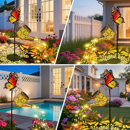 Solar Lights Garden Decor, Waterproof Solar Watering Can with Butterfly Garden Stakes, Outdoor Light with Cascading Lights for Yard Art Outside Patio Lawn Porch, Birthday Gift for Mom Women
