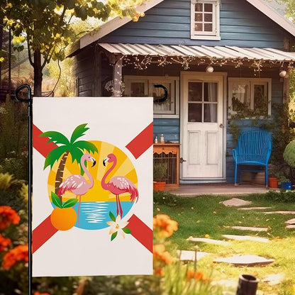 Florida Garden Flag Outdoor with Flamingos Palm Tree Orange Blossom Sunset Tropical Beach Scene House Banner Welcome Summer Spring Yard Porch Patio Seasonal Decoration Miami Vibes 12x18 Inch
