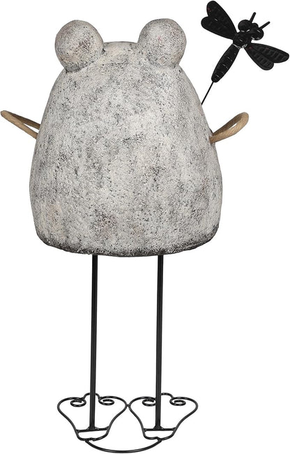 Alpine Corporation MCC862 Indoor/Outdoor Frog with Dragonfly Garden Statue, Stone Finish Frog Statue for Yard, 24" H, Silver