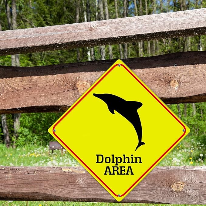 Warning Dolphin Area Aluminum Metal Sign Ocean Animal Caution Crossing Xing Street Sign Yellow Diamond Shape Funny Metal Sign For Indoor Outdoor Highway10x10in