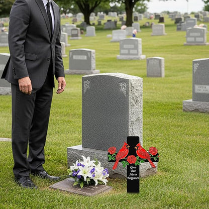 Red Cardinal Memorial Cross Stake - Metal Grave Decorations for Cemetery - Sturdy Thickened Black Cross with 3 Red Roses, Religious Sympathy Gift for Loss of Loved One(Red Cardinal)
