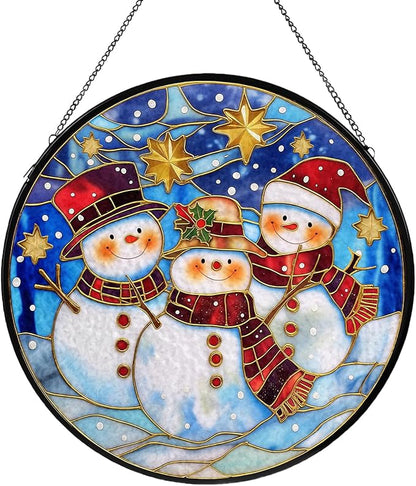 Christmas Decorations Stained Glass Window Hanging, Snowman Suncatcher for Window Hanging, Sun Catchers Indoor Windows Wall Art for Mom Grandma, Christmas Decor or Home Garden Office 7.87 inches