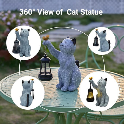 Solar Cat Garden Statue Outdoor Decor, Cat Sculpture with Lantern and Butterfly for Yard Lawn Patio Balcony, Christmas, Birthday Housewarming Gifts for Mom, Grandma, Women, 9.4 inch, Resin