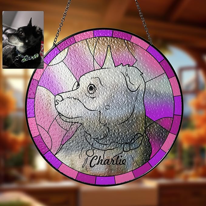 Personalized Pet Portrait Suncatcher Stained Glass Dog Ornament Remembrance Gifts for Dogs Lovers, Pet Memorial Gift for Dogs Memorial Gifts for Loss of Dog, Loss Sympathy Gift Window Hanging