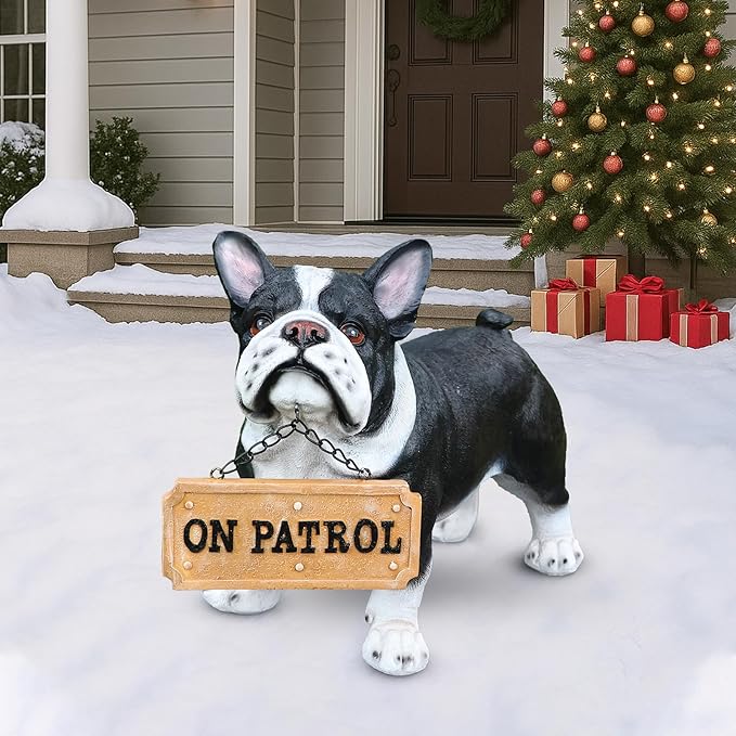 Outdoor French Bulldog Dog Statue with Interchangeable Welcome Sign and Detachable Solar Lantern –LED Light Garden Dog Sculpture Décor, Cute Puppy Design for Yard, Porch, Gift