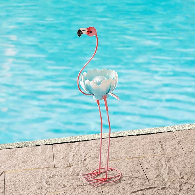 Glitzhome Solar Flamingo Garden Statue, 26.25 Inch Metal Outdoor Solar Light with Colorful Sculpture and Blue Bowl, Weather-Resistant Solar-Powered Decor for Yard, Patio, Lawn