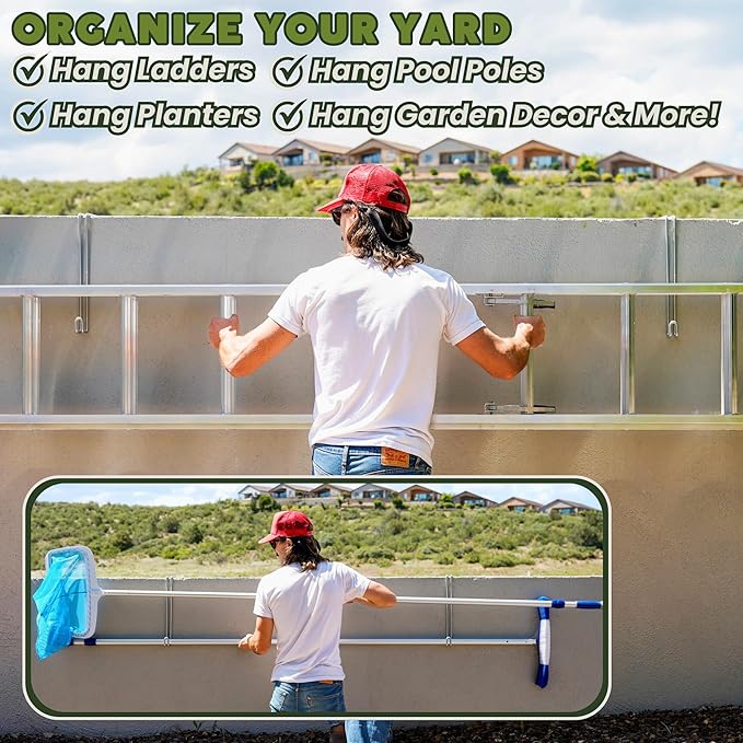 Over The Wall Heavy Duty Concrete Cinder Cement Block Wall Outdoor No Drill Fence Hooks Hangers - Extra Long Large Rafter Ladder Pool Equipment Pole Hangers for Planters Hoses Horse Tack Organization