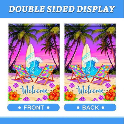 BlissYard Welcome Summer Beach Garden Flag 12x18 Double Sided Vertical Outdoor Decor Surfboard Chair Tropical Yard Garden Lawn Banner Coastal Seasonal Display