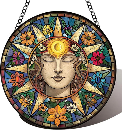 Stained Glass Window Hanging Sun Suncatcher 8 Inch, Indoor Outdoor Wall Art Home Decor, Sun Catchers, Birthday for Women Men