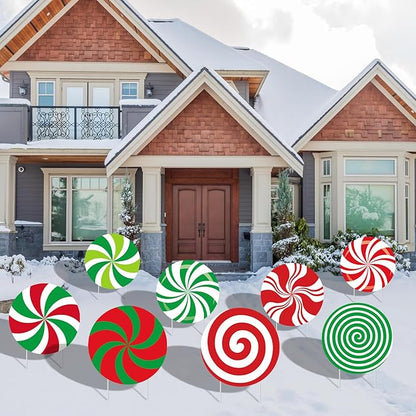 8-Piece Christmas Candy Yard Signs with Stakes Decorations – 8 Assorted Peppermint and Lollipop Designs 12.6 x 12.6 Inches Large Round Candy Signs for Outdoor Garden and Lawn Holiday Party Favor
