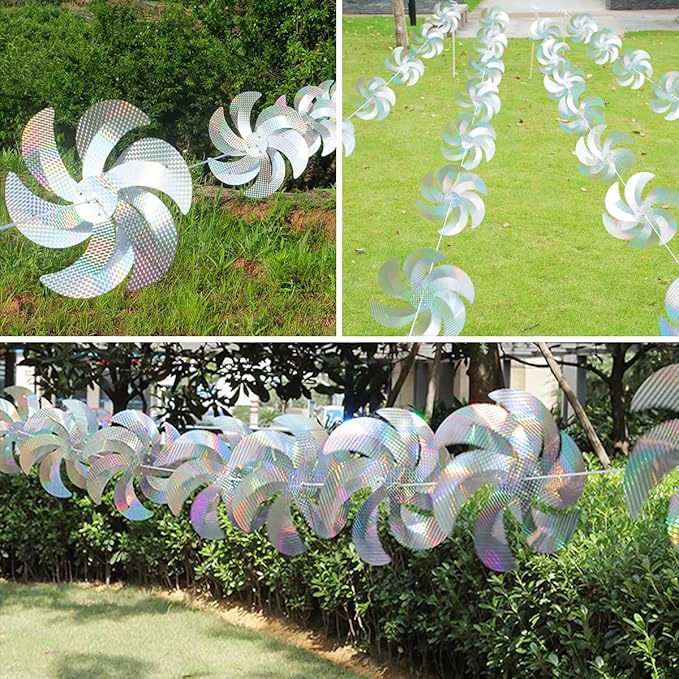 10 Meters 8 Pieces Reflective Pinwheels Bird Repellent Devices Outdoor Windmills, 12 Inches Silver Wind Spinners Outdoor Decor to Scare Birds, Large Shiny Rotating Pinwheels for Yard and Garden