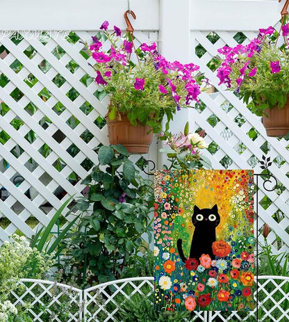 Spring Summer Garden Flag 12x18 Inch Double Sided Outside Black Cat Colorful Floral Flowers Seasonal Holiday Yard Porch Outdoor Decoration