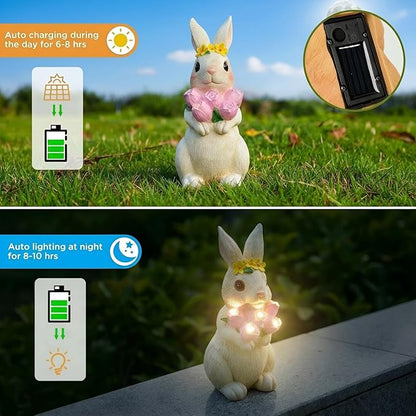 Solar Garden Statues Outdoor Decor,Rabbit Statue with Flowers and 5 LED Lights,Yard Decorations for Patio, Balcony, Backyard, Lawn Ornaments,Unique Birthday House Warming Gifts for Women, Mom, Grandma